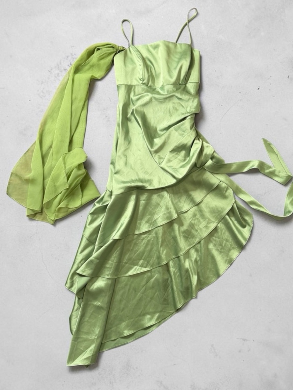 Vintage Bora USA Sage Green Satin Ruffle Dress Y2K Fairycore Prom Gown